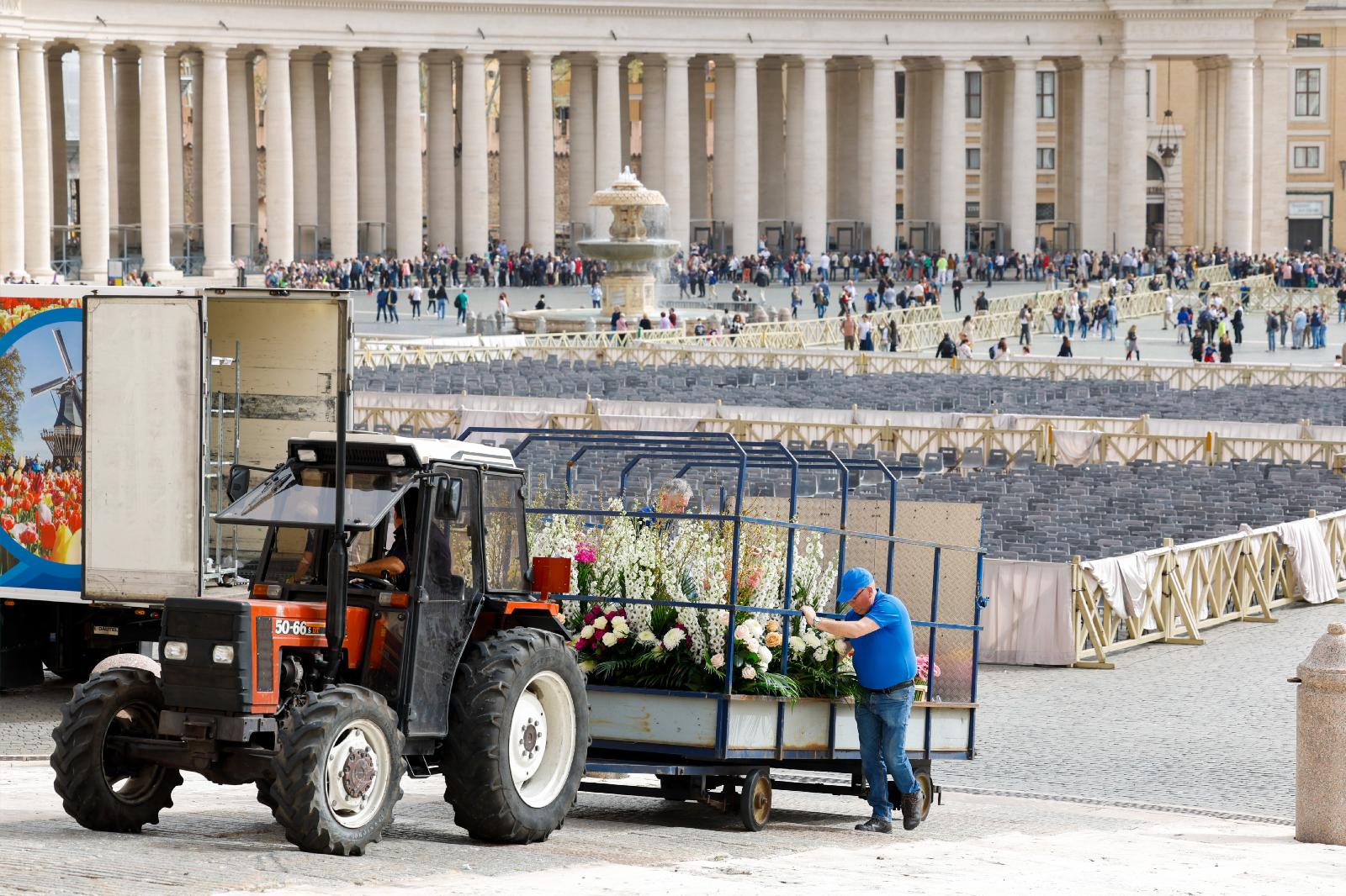 Hauling Easter flowers with a tractor in St. Peter's Square