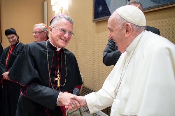 Pope Francis greets Archbishop Timothy P. Broglio