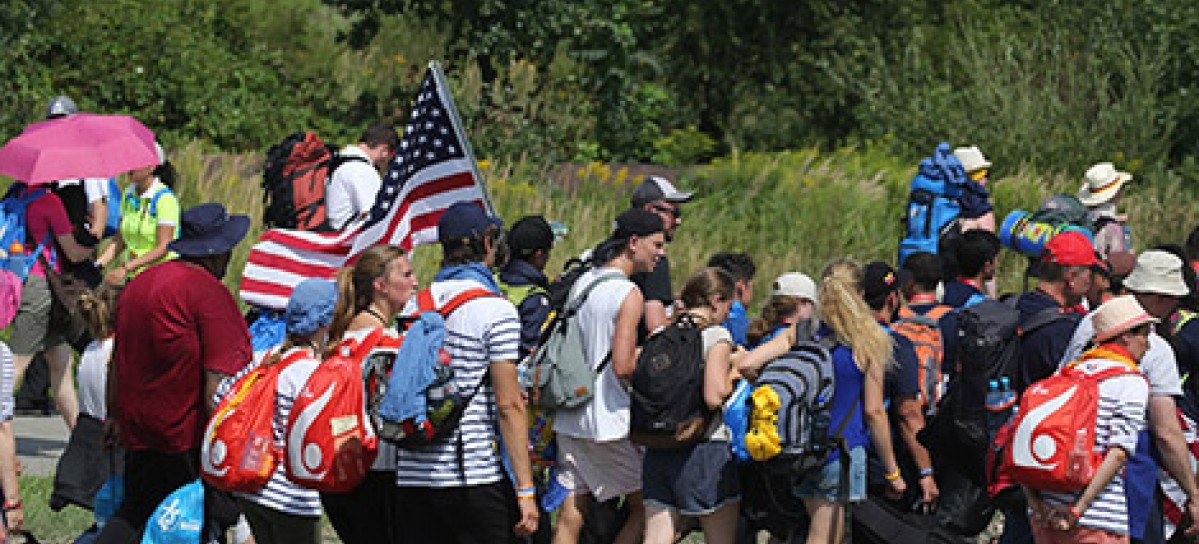 World Youth Day pilgrims from the U.S walk to a July 30 prayer vigil with Pope Francis at the Field of Mercy in Krakow, Poland. (CNS photo/Bob Roller)