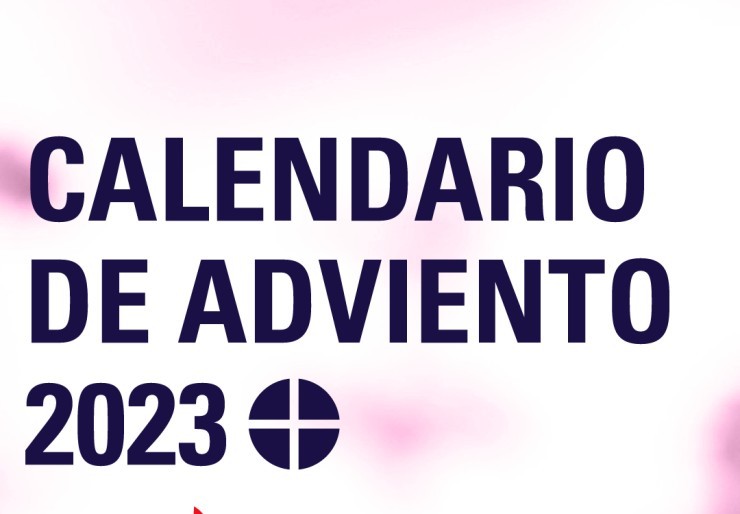 graphic notes Advent Calendar 2023 with USCCB logo in purple text with drawings of 3 purple and one rose candle all with orange and yellow flames on a white and pink blurred background
