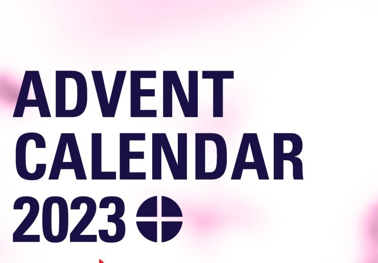 graphic notes Advent Calendar 2023 with USCCB logo in purple text with drawings of 3 purple and one rose candle all with orange and yellow flames on a white and pink blurred background